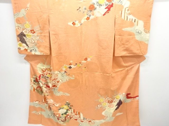 JAPANESE KIMONO / ANTIQUE KIMONO / SILK / MON KINSHA / EMBROIDERY / FLORAL CART